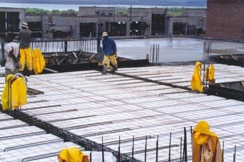 Installation process of polystyrene concrete slab on building site